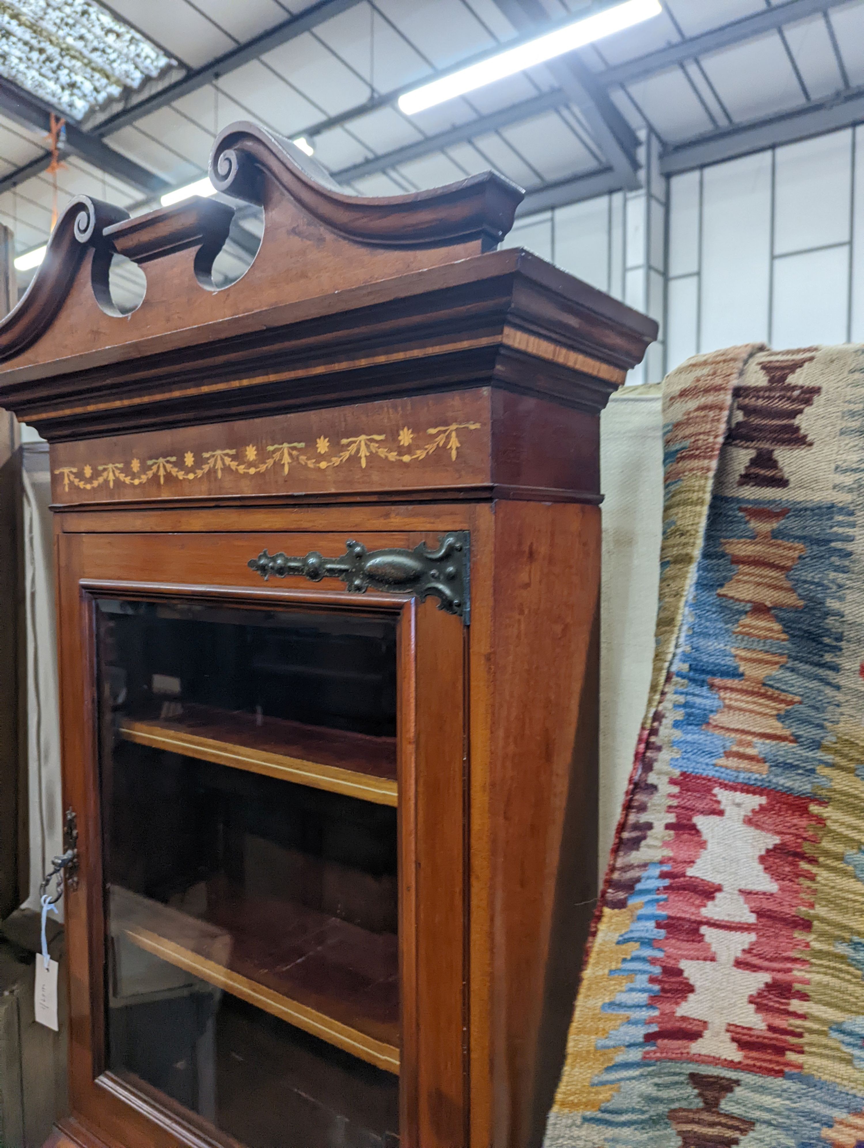 An Edwardian marquetry inlaid satinwood banded mahogany bureau bookcase of narrow proportions, width 58cm, depth 46cm, height 194cm